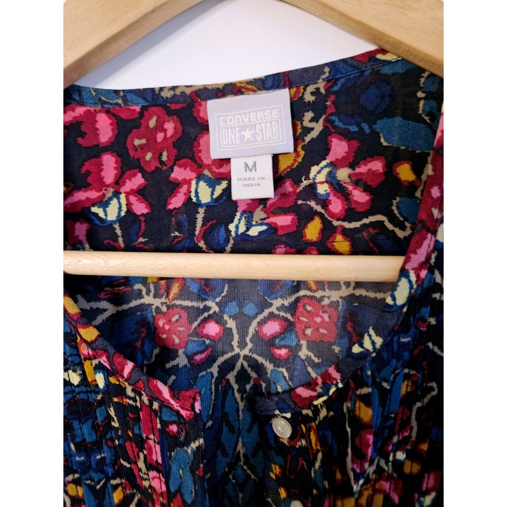 Converse One Star Floral Pintuck Blouse M Blue Pink Long Sleeve Boho Cottagecore - Picture 4 of 5